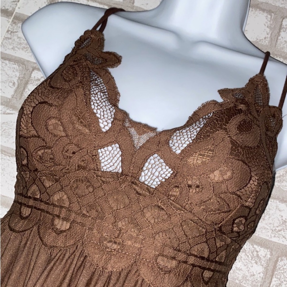 Brown Crochet Lace Cami Mini Dress Tiered Boho Sundress - Picture 3 of 4